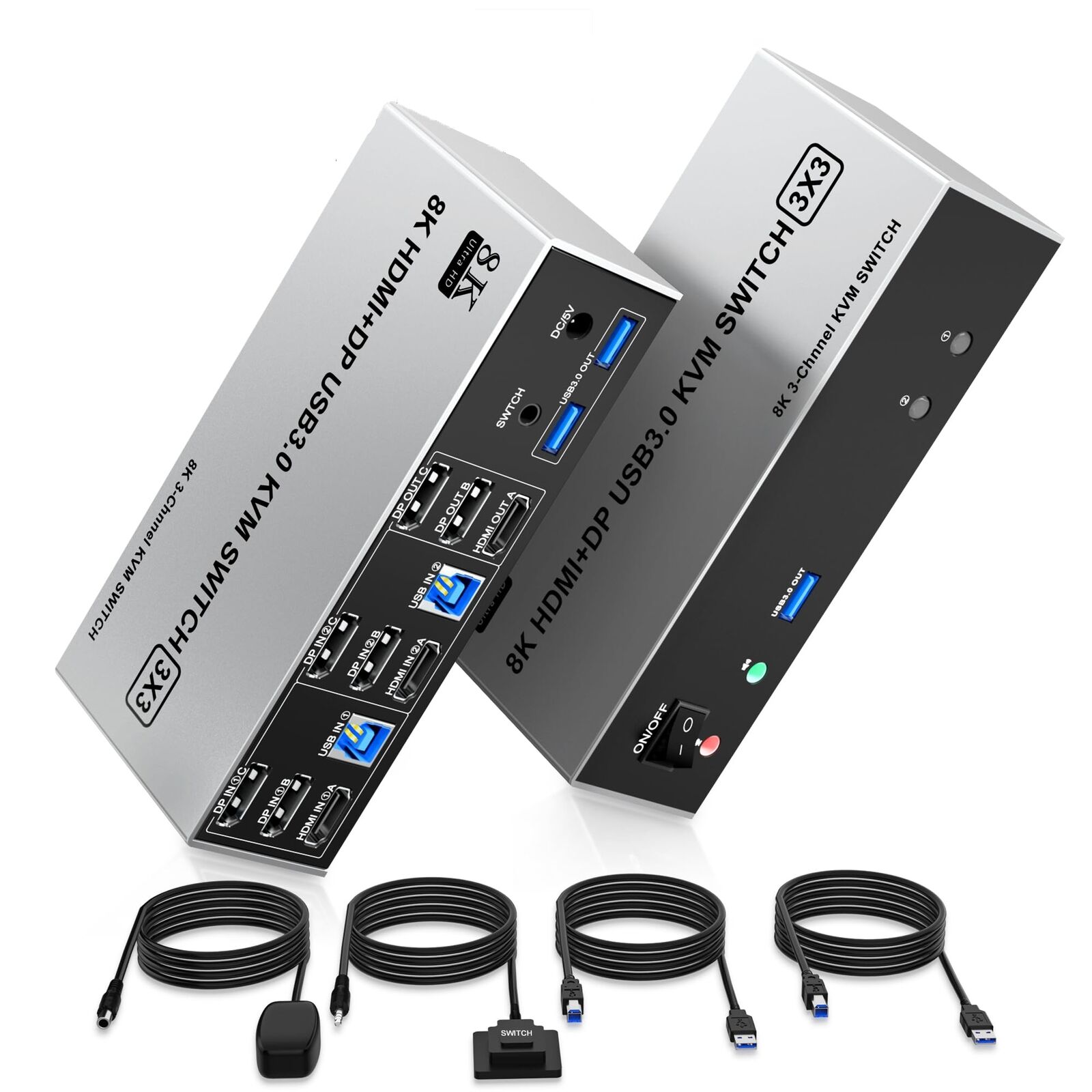 8K@60Hz USB3.0 2 Displayport+HDMI KVM Switch Triple Monitor 2Computer, 2PC Sh...