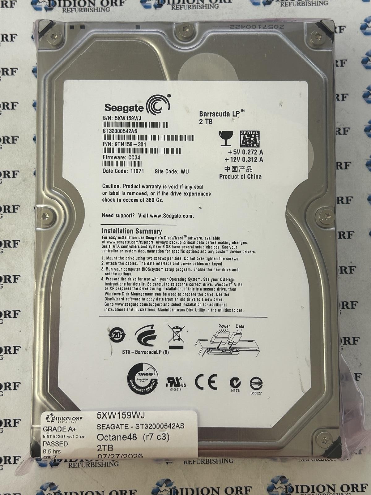 SEAGATE 2TB 3.5" SATA HDD 5900 RPM ST32000542AS, GRADE A+, SKU 26595