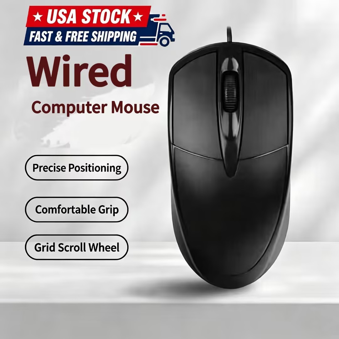 1PCS Black Wired Computer Mouse USB Corded for Home Office Noiseless Desktop PCs