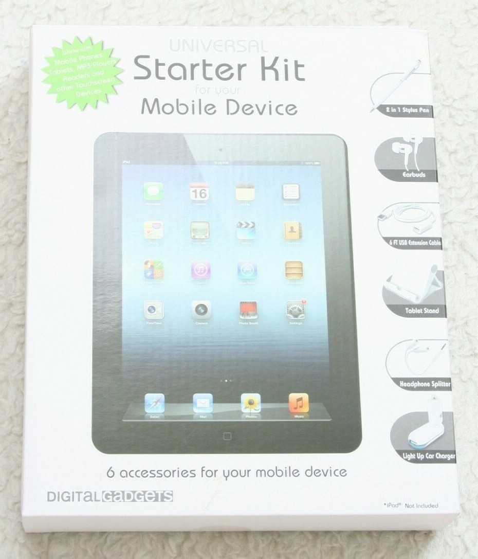 Starter Kit 6 Accessories For Mobile Devices Pen Earbuds USB Cable Charger Stand