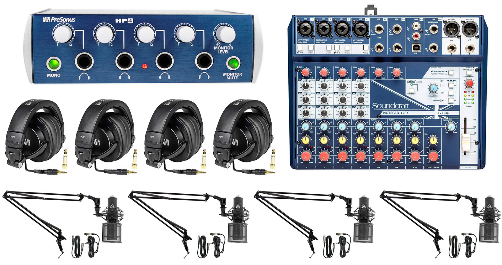 4-Person Podcast Podcasting w/Soundcraft Mixer+Presonus Headphones/Amp+Boom Arms