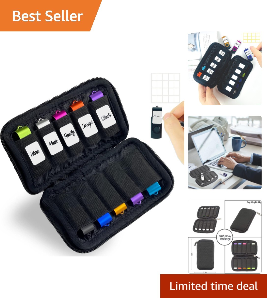 Portable 10-Slot USB Flash Drive Organizer with Zipper - Stylish Black Design