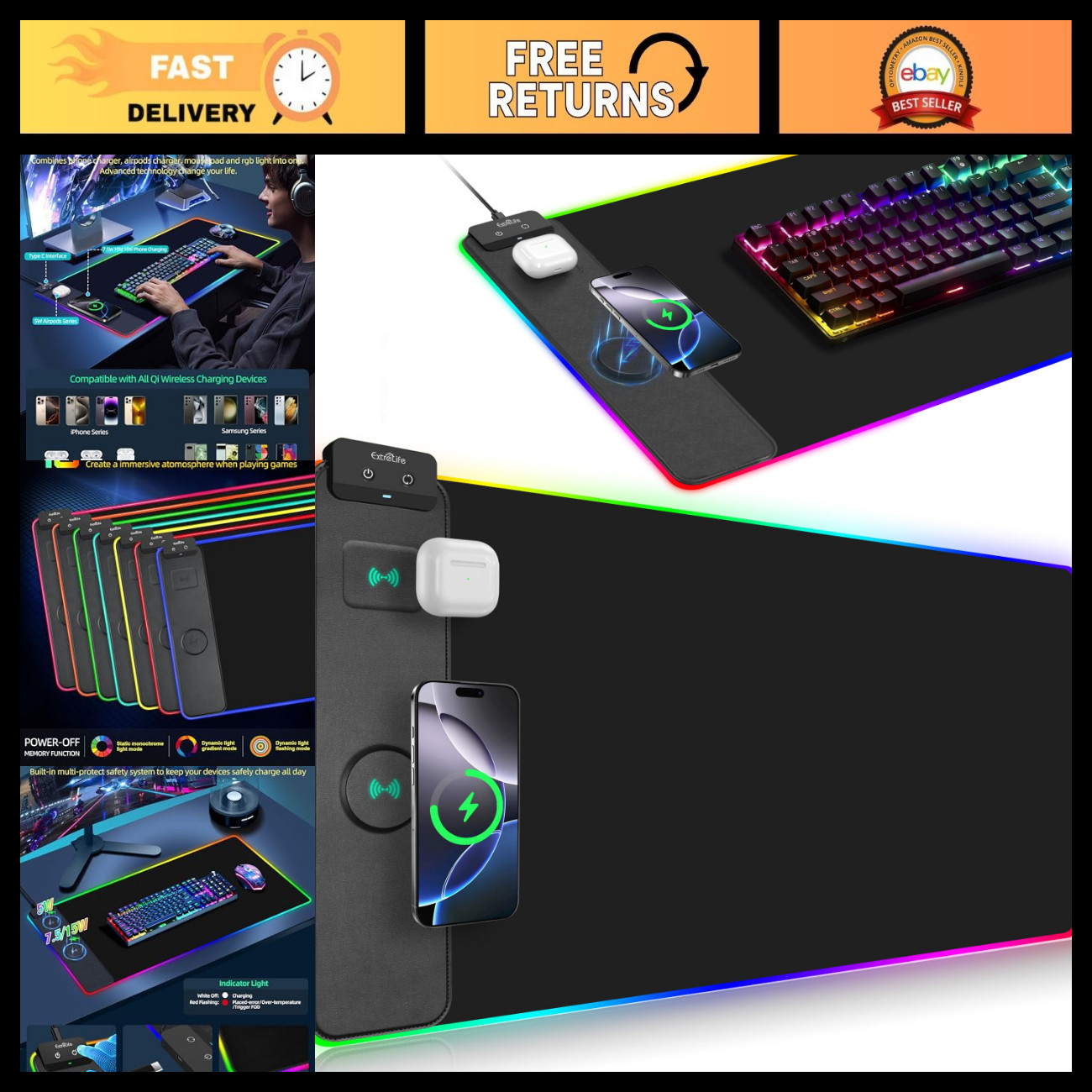 RGB Wireless Charging Mouse Pad - Large Gaming Desk Mat 31.5"x15.7" for PC