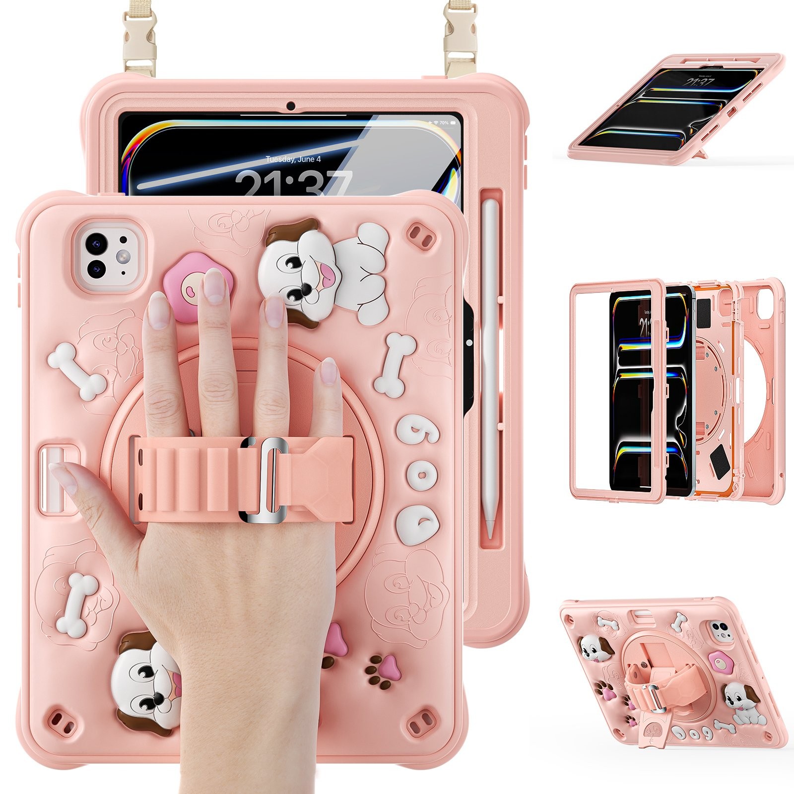 Cartoon Shockproof Silicone Hand Strap Stand Case Cover for iPad Pro 11" M4 M5