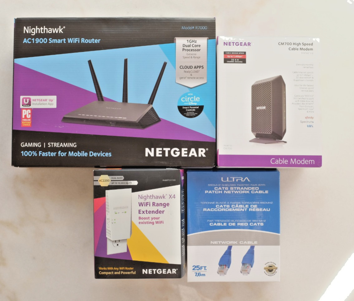 Netgear Nighthawk Lot Set: Modem CM700 Router AC1900 Extender EX7300 and Cable