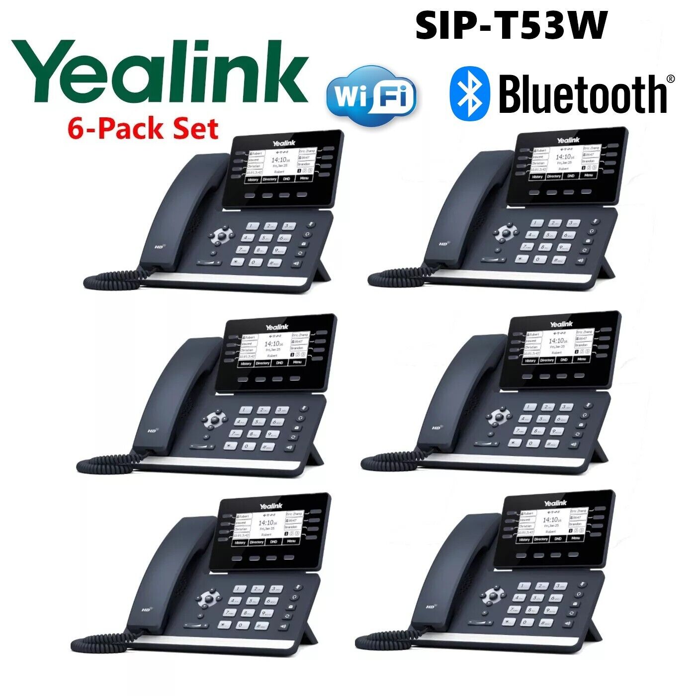 6 Pack Lot Yealink SIP-T53W Prime Business Phone T53W Entry Level Bluetooth WiFi