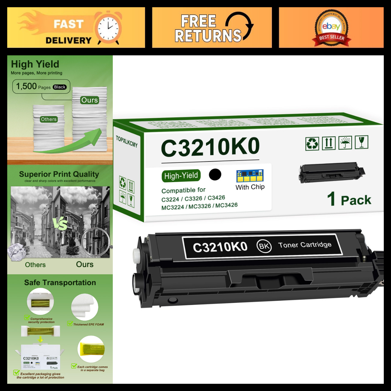 High-Yield Black Toner Cartridge Replacement for Lexmark C3224, C3326, MC3224