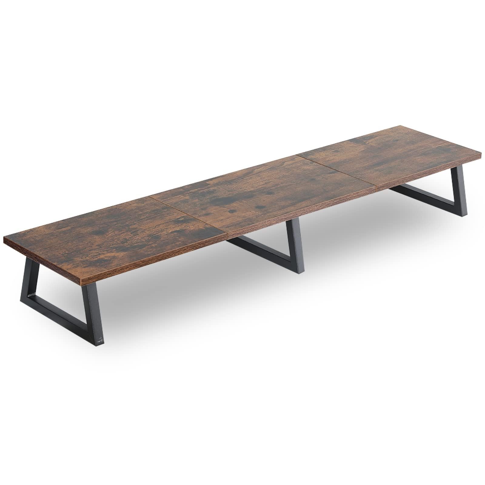 Large Dual Monitor Riser Rustic Brown Extra Long Wood Steel Stand 42 Inch