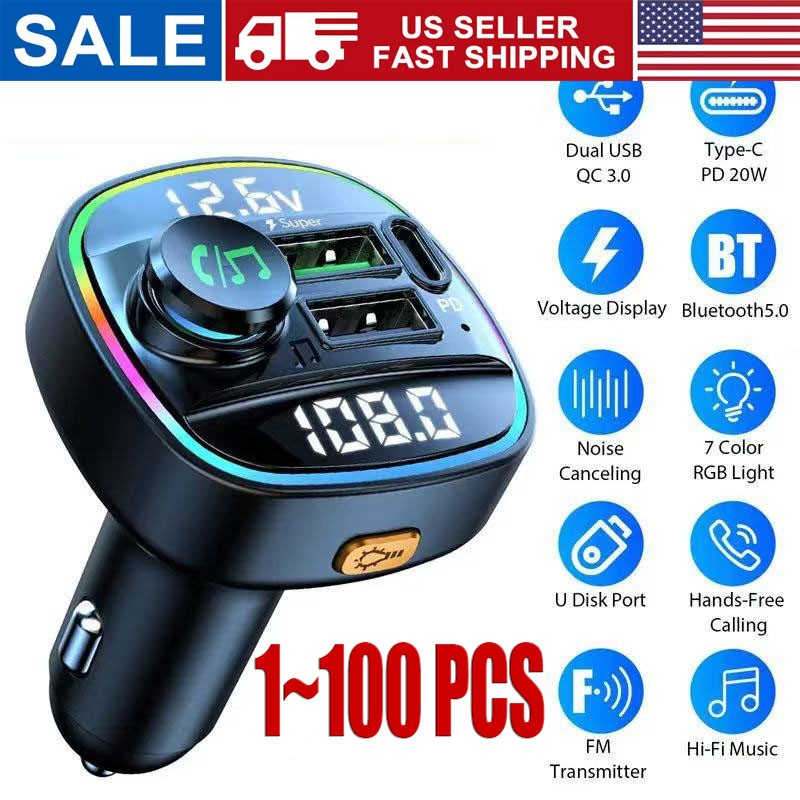 Bluetooth 5.0 Car Wireless FM Transmitter Adapter USB PD Charger AUX Hands LOT