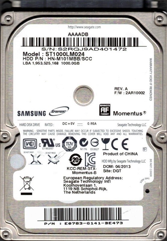 Samsung ST1000LM024 F/W: 2AR10002 P/N: HN-M101MBB/SCC 1TB Seagate