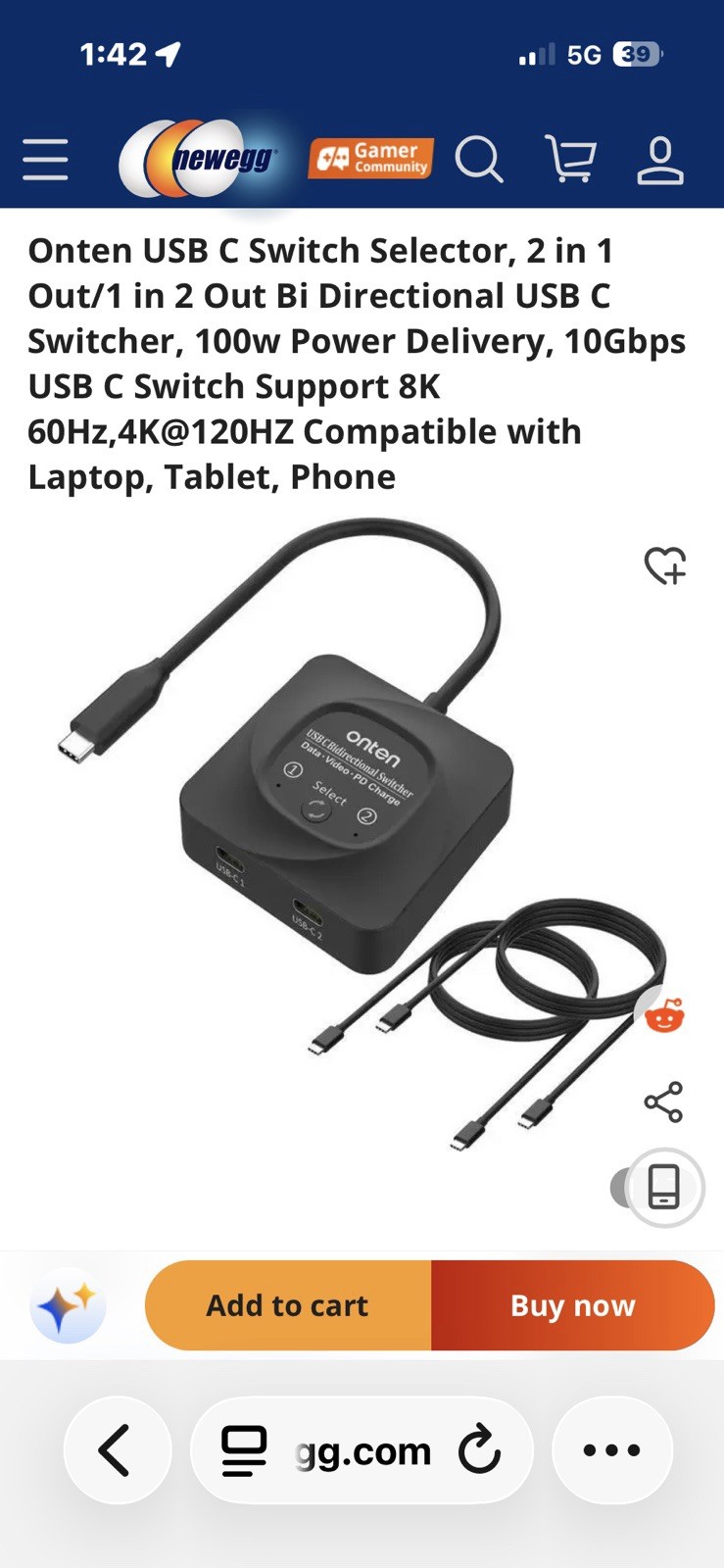 Onten USB C Switch Selector, 2 in 1 Out/1 in 2 Out Bi Directional