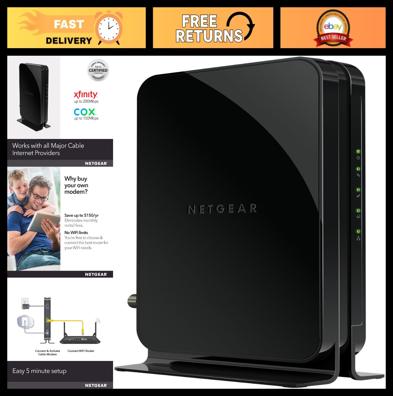 High-Speed DOCSIS 3.0 Cable Modem for Xfinity, Cox & More - Up to 400 Mbps