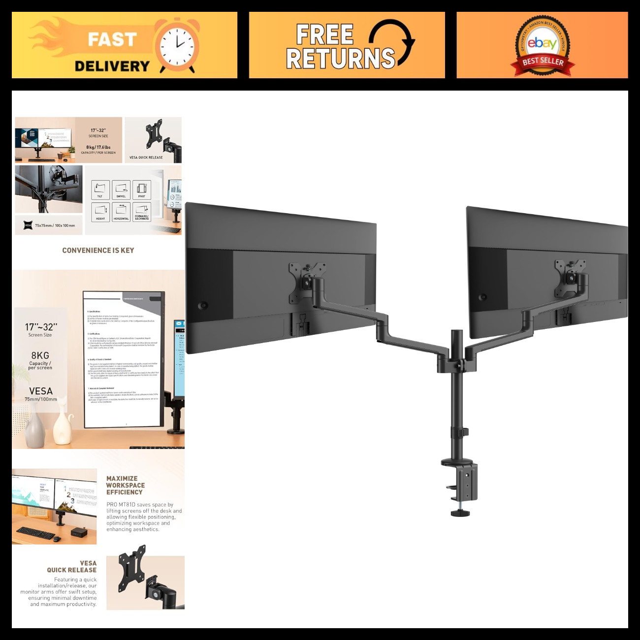 Premium Aluminum Dual Monitor Stand, Adjustable Desk Mount for 17-32" Screens, V