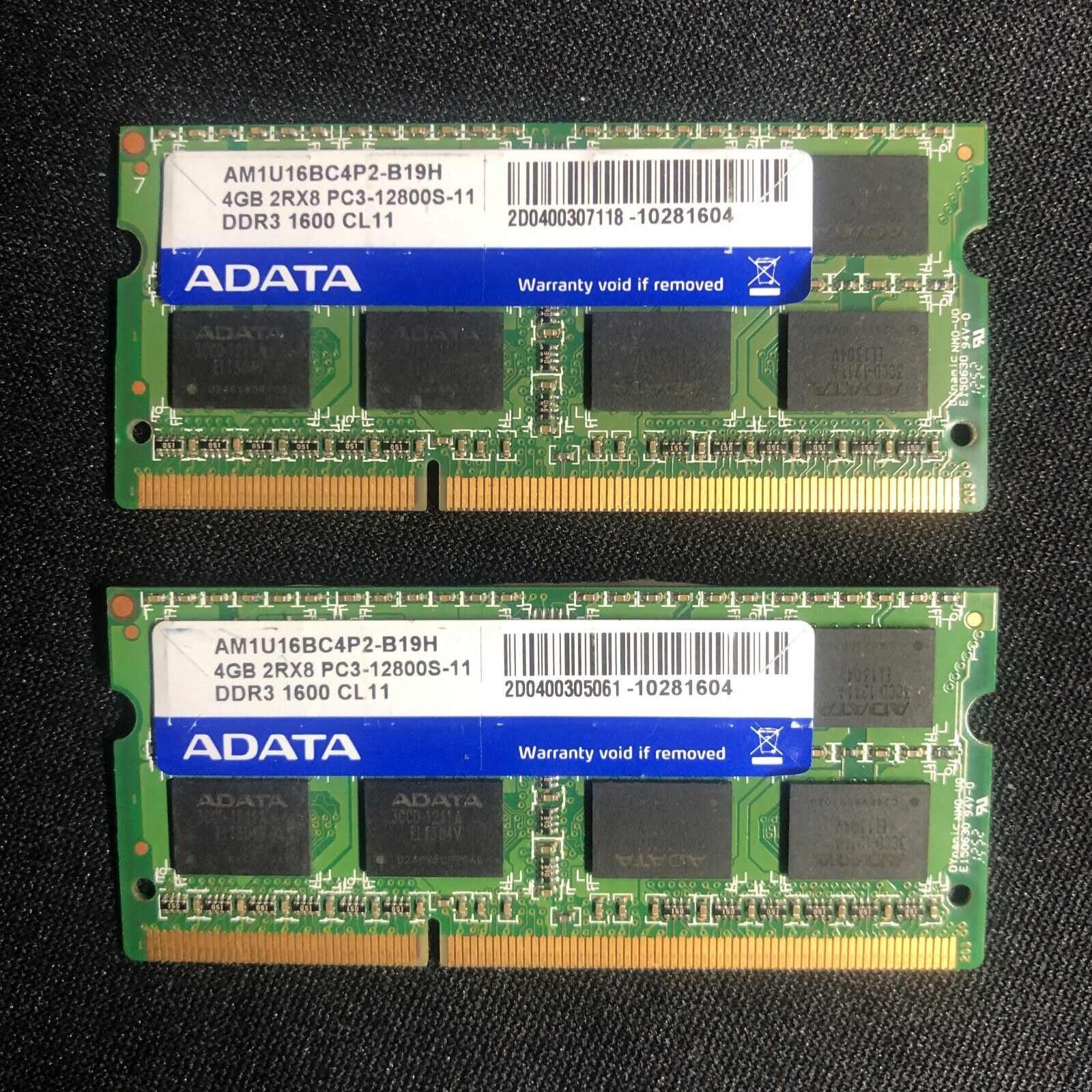 Lot of 2 ADATA 4GB PC3-12800S/DDR3 1600 SODIMM AM1U16BC4P2-B19H (Mac Compatible)