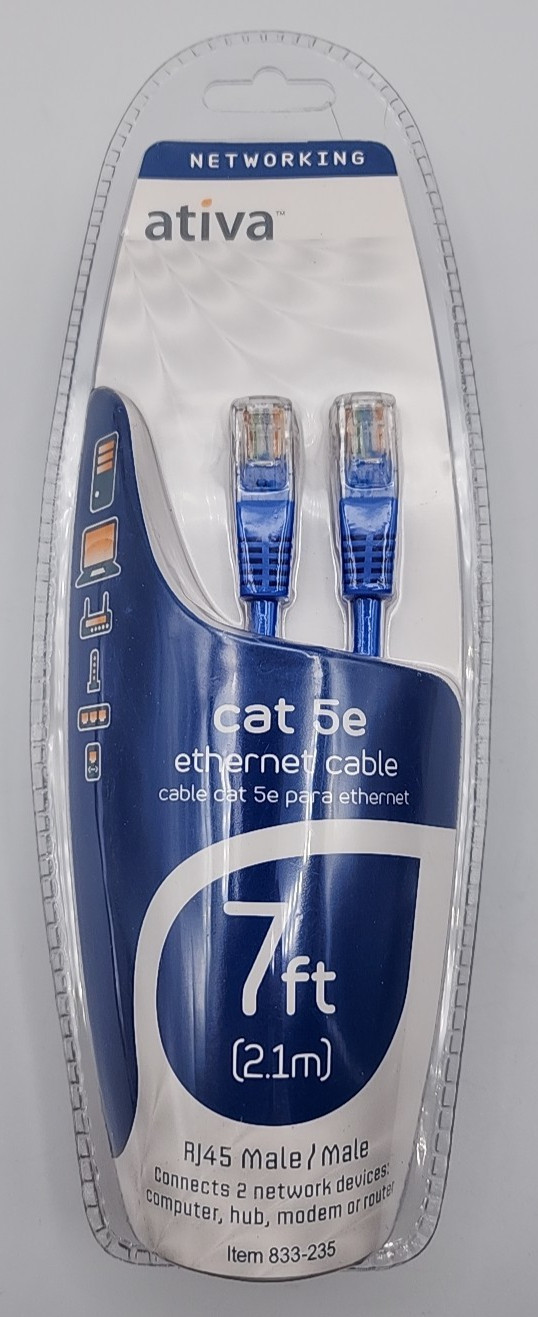 Ativa Cat 5e RJ45 Ethernet Cable 7ft 2.1m Networking Cable Male / Male 833-235