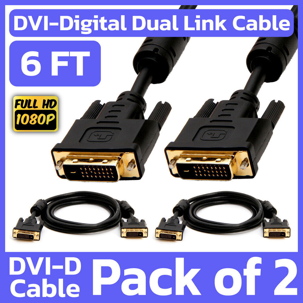 2 Pack 6 Feet DVI Cable DVI-D Dual-Link Male to Male Cord Digital Monitor Cable