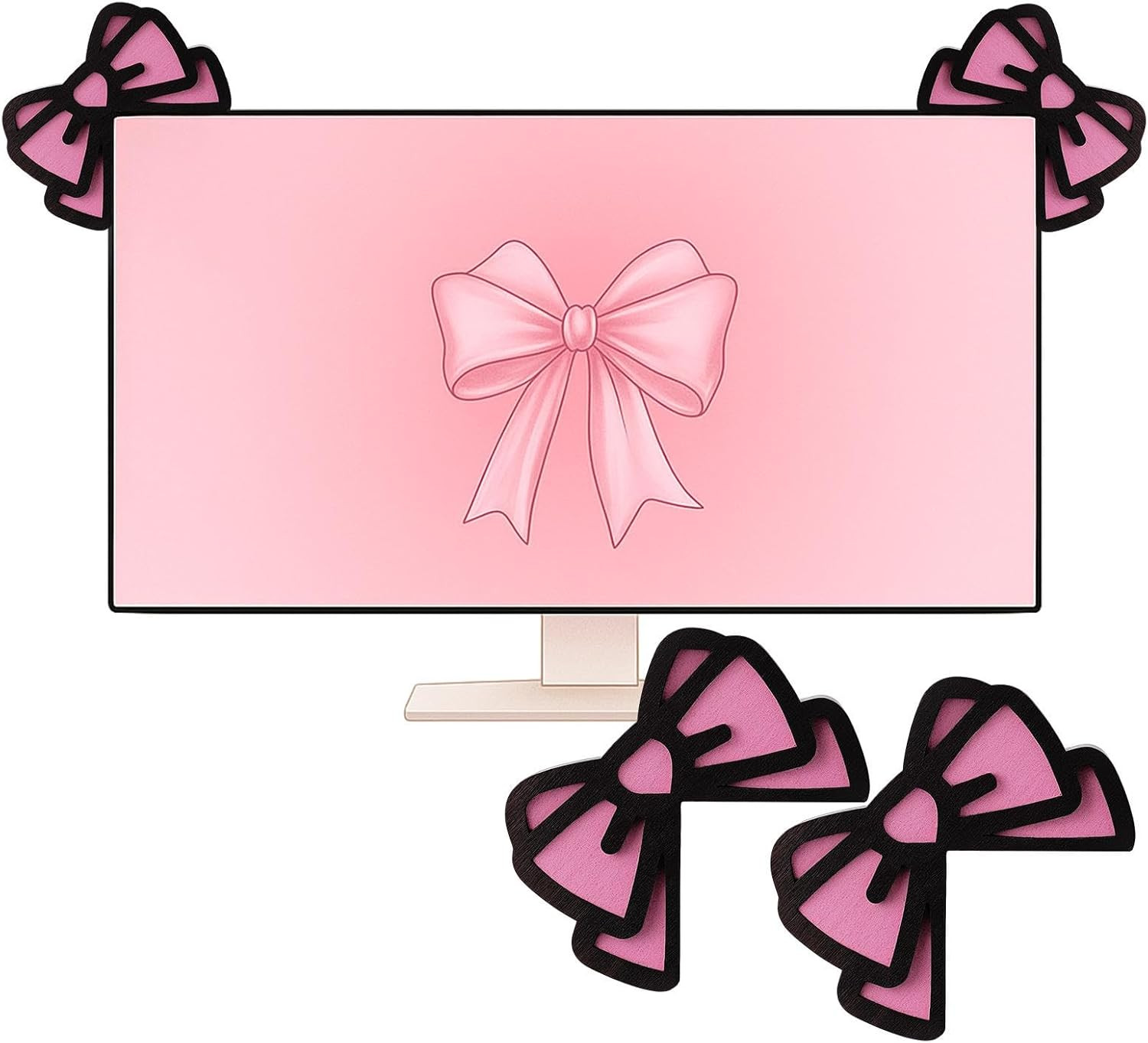 2 Pcs Pink Bow Computer Monitor Decor 3D Cute Wood Computer Decor
