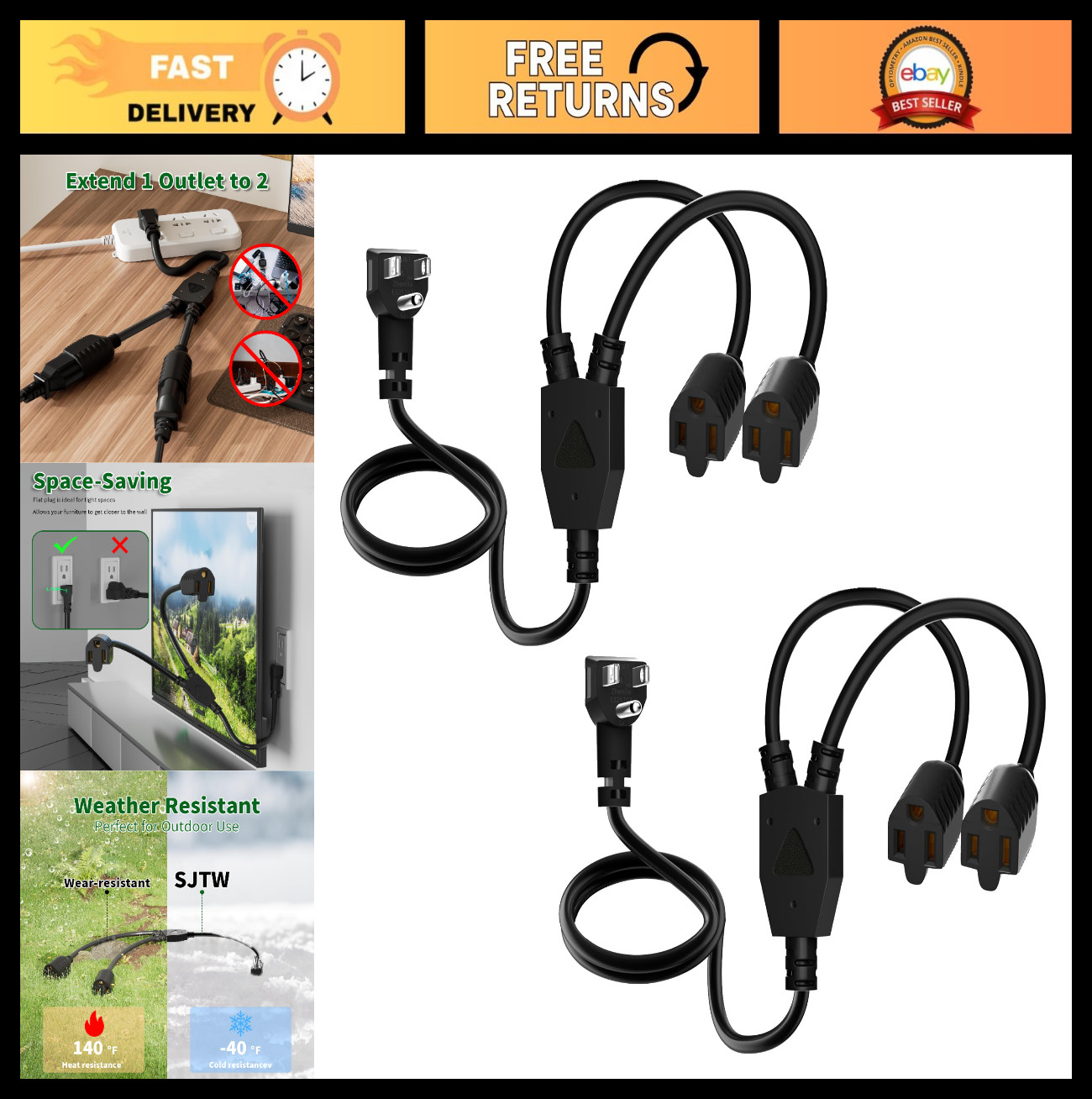 3-Prong Y Splitter Power Extension Cord 2FT 90-Degree Flat Plug, Heavy Duty 16AW