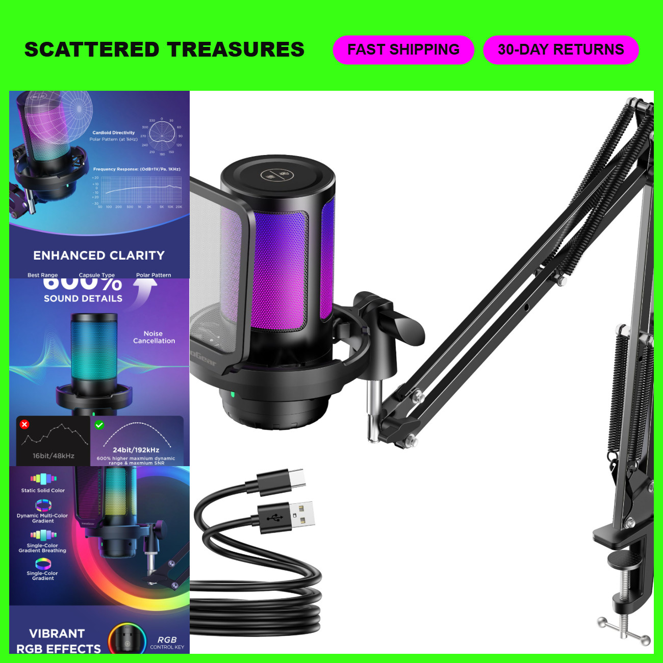 USB Gaming Microphone for PC with Boom Arm Stand - High-Quality Sound, Black