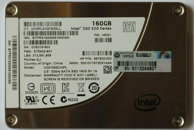 HP Intel SSD 320 Series 160GB 2.5" 3Gb/s SATA Solid State Drive 667602-003 HD