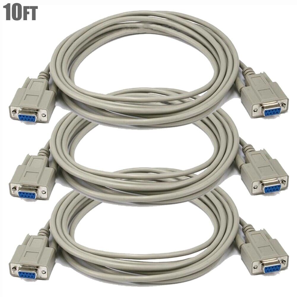 3x 10FT DB9 9-Pin RS232 Serial COM Port Female to Female PC Computer Cable Beige