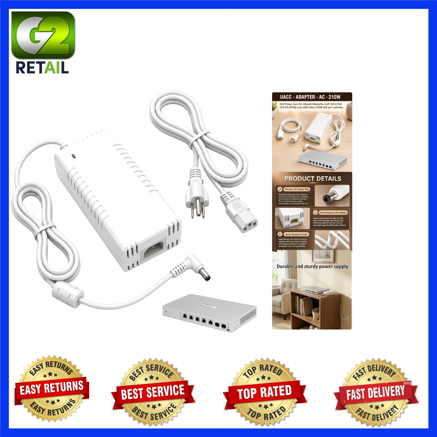 54V Power Adapter Compatible for UniFi XG 6 PoE US-XG-6POE USW-Ultra-210W 6 8 Po