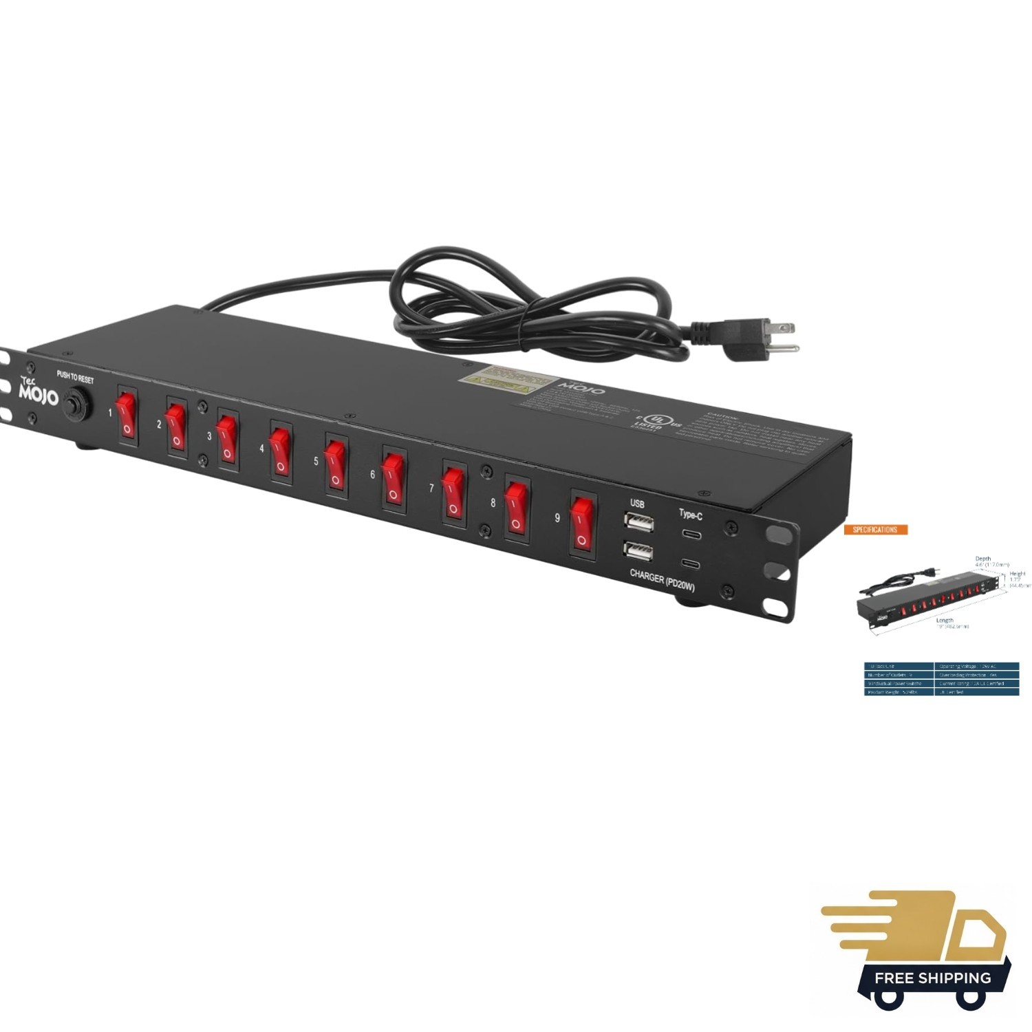 6ft Rack Mount PDU - 9 Outlets with Individual Switches & Fast Charging Ports