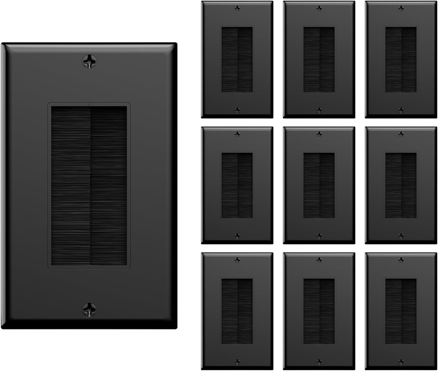 Brush Wall Plate, Cable Pass Through Insert for Wires, Black, 10-Pack