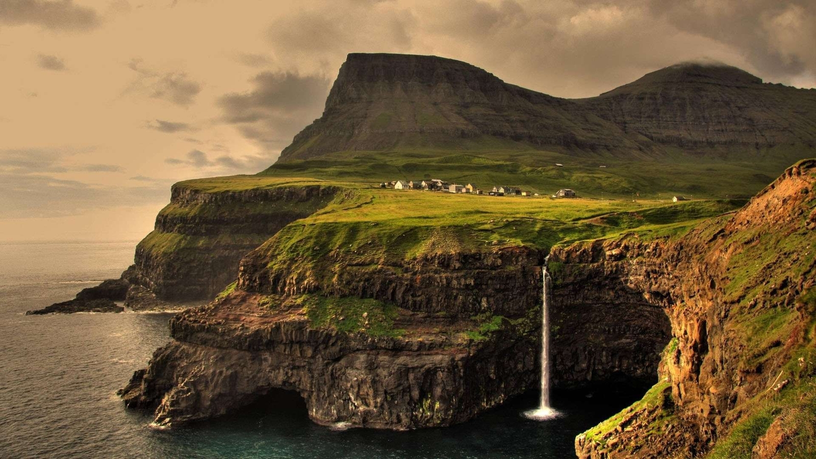 Landscape cliff waterfall sea village nature faroe Custom Gaming Mat Desk