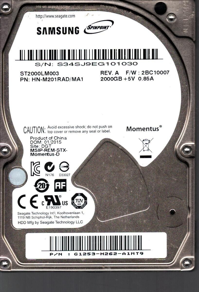 ST2000LM003 P/N: HN-M201RAD/MA1 S/N: S34SJ SAMSUNG 2TB CHINA JAN 2015