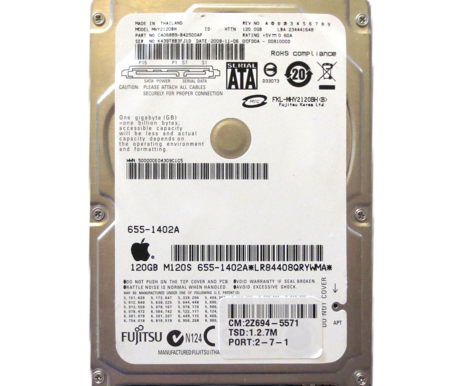Fujitsu MHY2120BH CA06889-B42500AP 0CFD0A-0081000D (K43) Thailand 120gb 2008