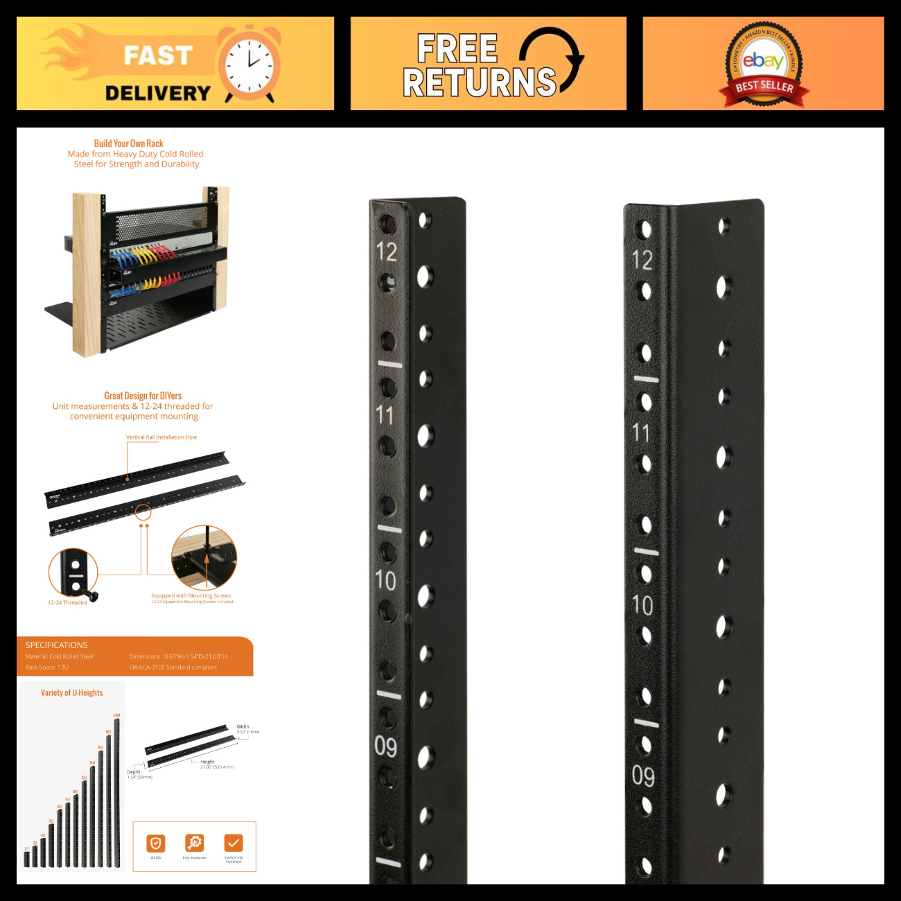 12U Vertical Server Rack Rail Kit - DIY Mounting Rails with Screws, Black