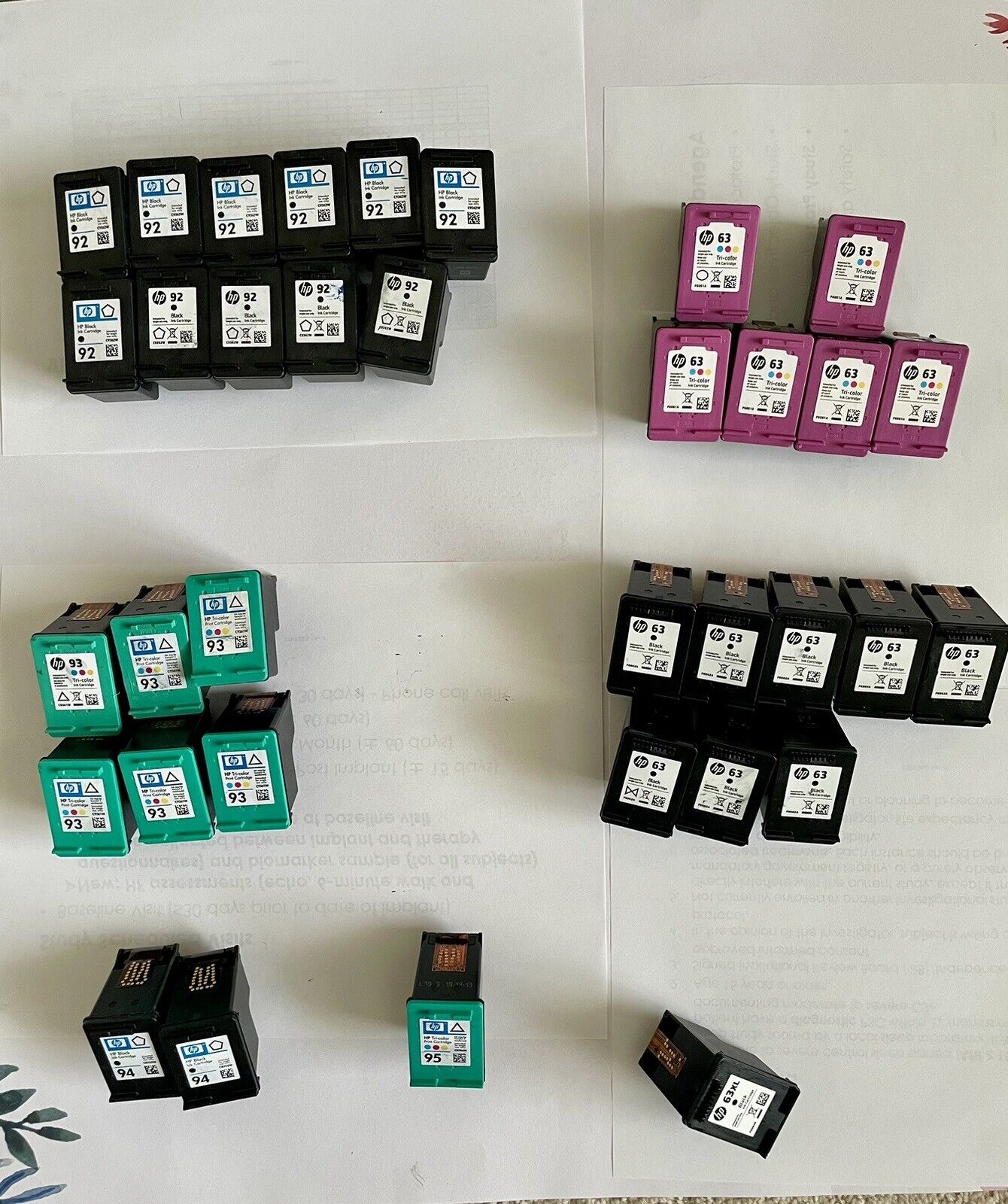 HP  92, 93, 94, 95, 63XL & 63 (Black /Tri) EMPTY Virgin Ink Cartridges Lot of 35