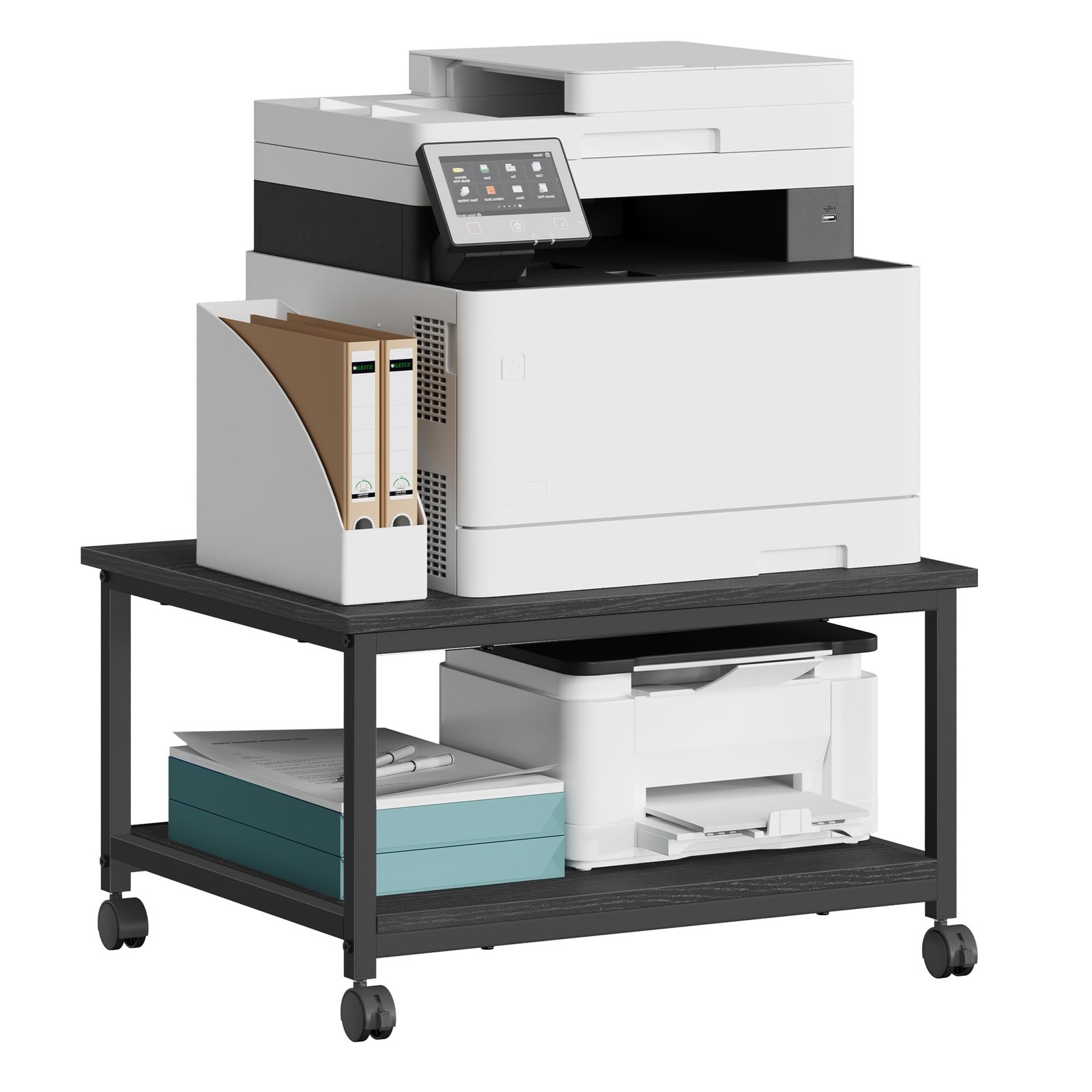 Printer Stand 2 Tier Locking Wheels Under Desk Ebony Black VASAGLE Table