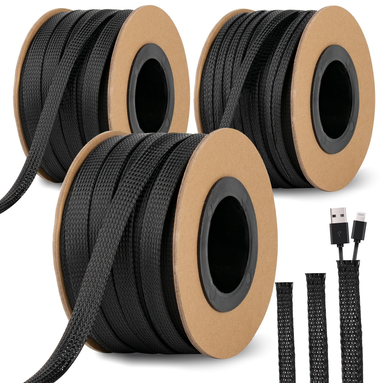 300 Feet 1/4, 1/2, 3/8 Inches Braided Wire Loom Automotive PET Cable Loom | E...
