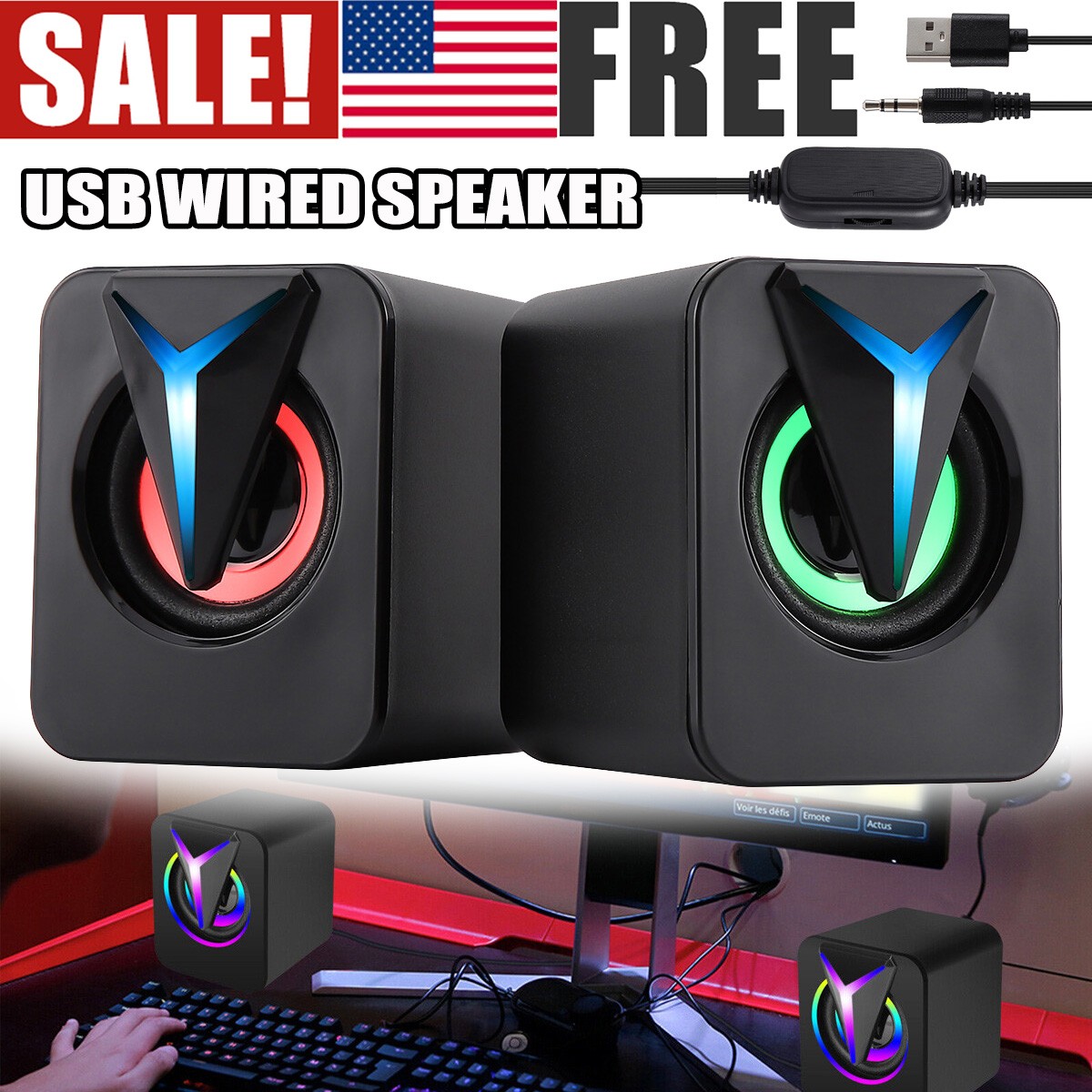 2 PCS RGB Lights Mini Computer Speakers Dual 3W Bluetooth Stereo Bass USB 3.5mm