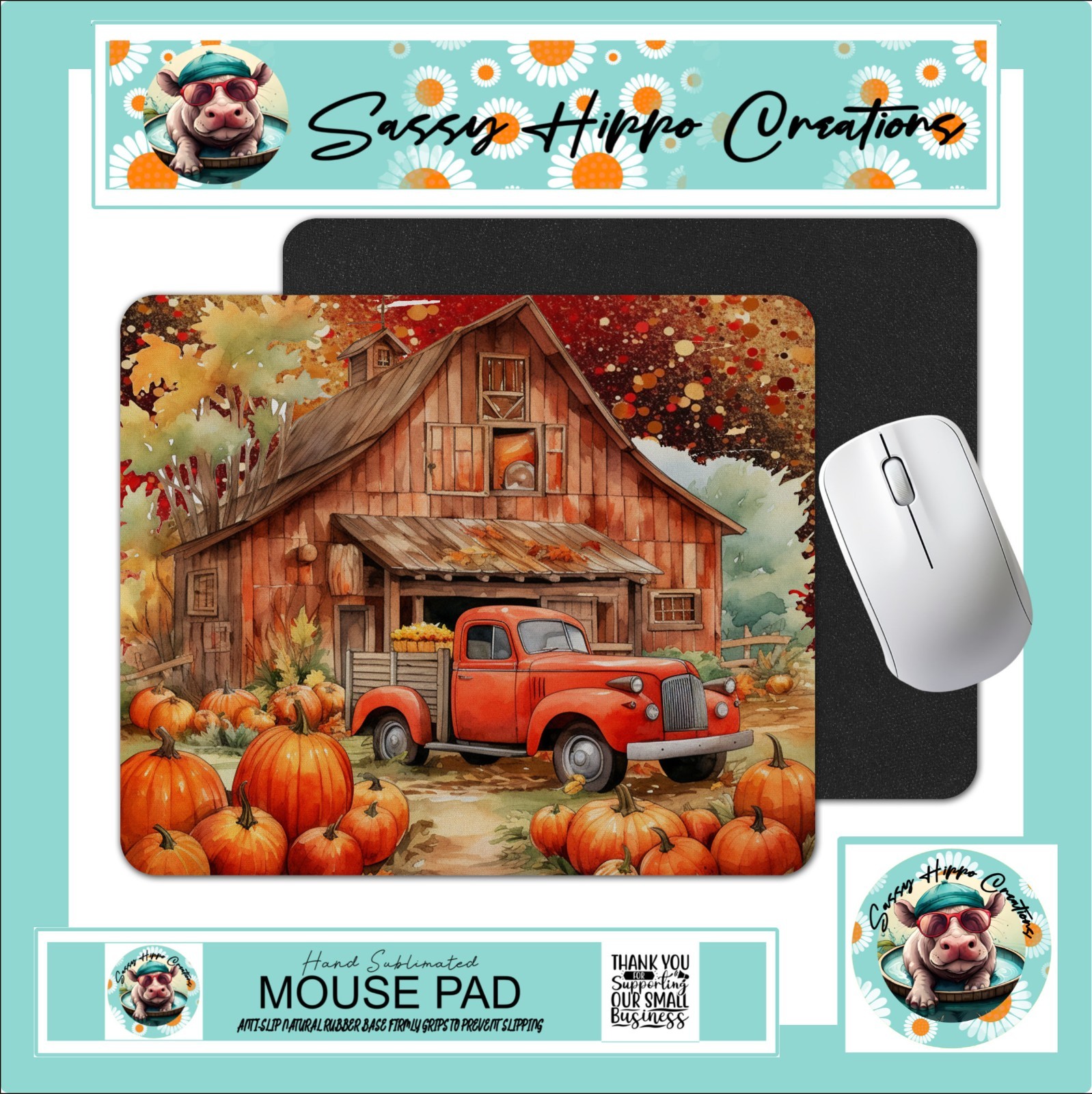 Mouse Pad Rustic Autumn Old Red Truck Barn Pumpkins Anti Slip Easy Clean