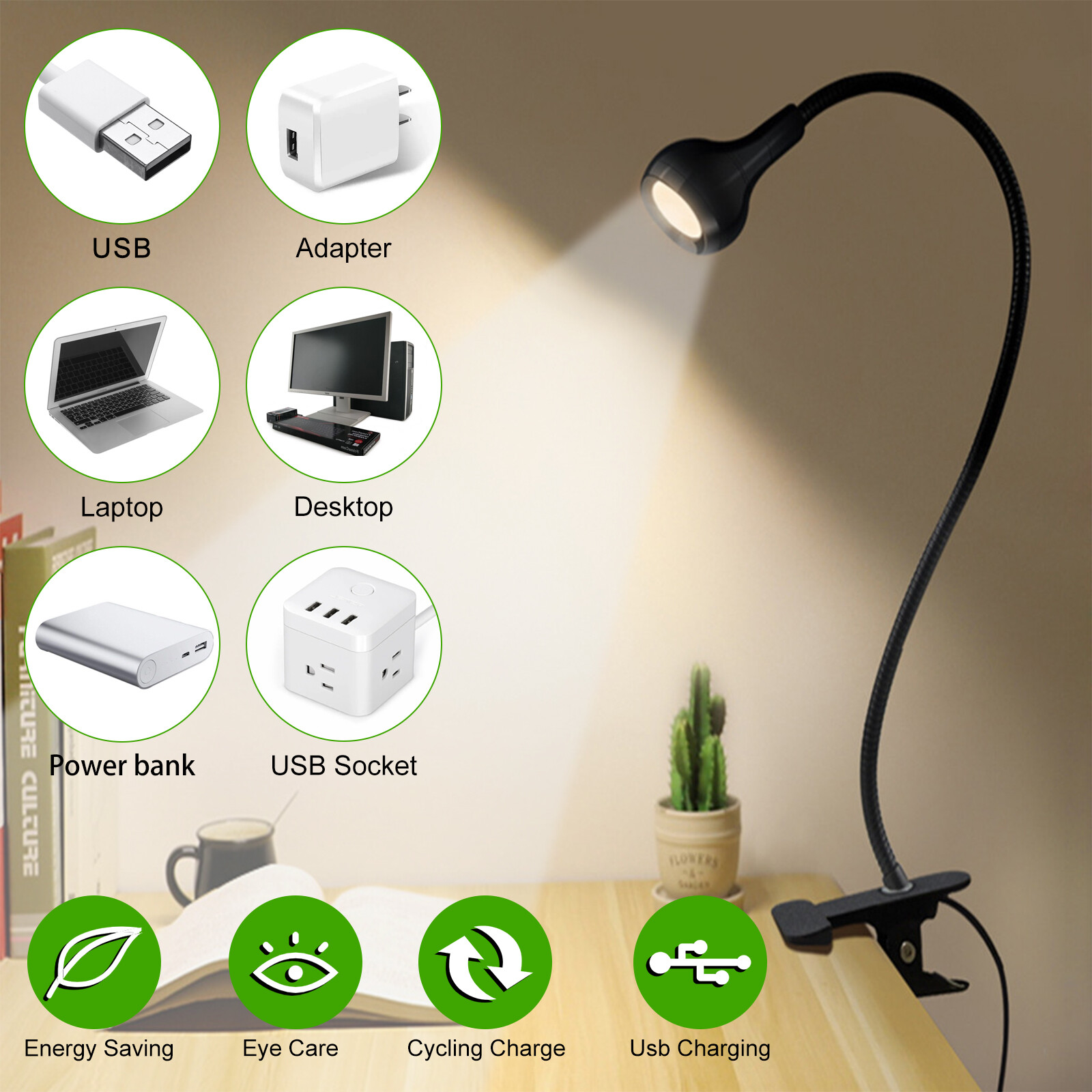 USB Reading Night Light Flexible LED Book Lamp Laptop Computer Clip-on Bed Desk