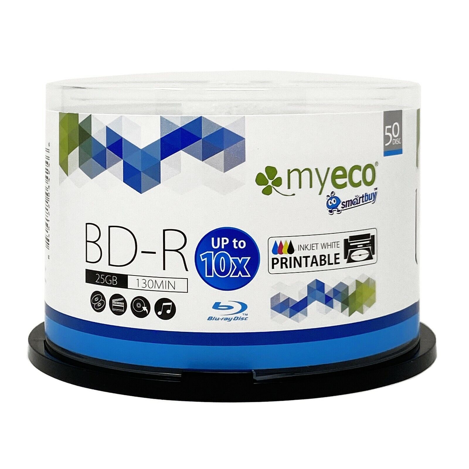 100 Myeco 10X BD-R 25GB Blu-ray White Inkjet Hub Printable Blank Recordable Disc