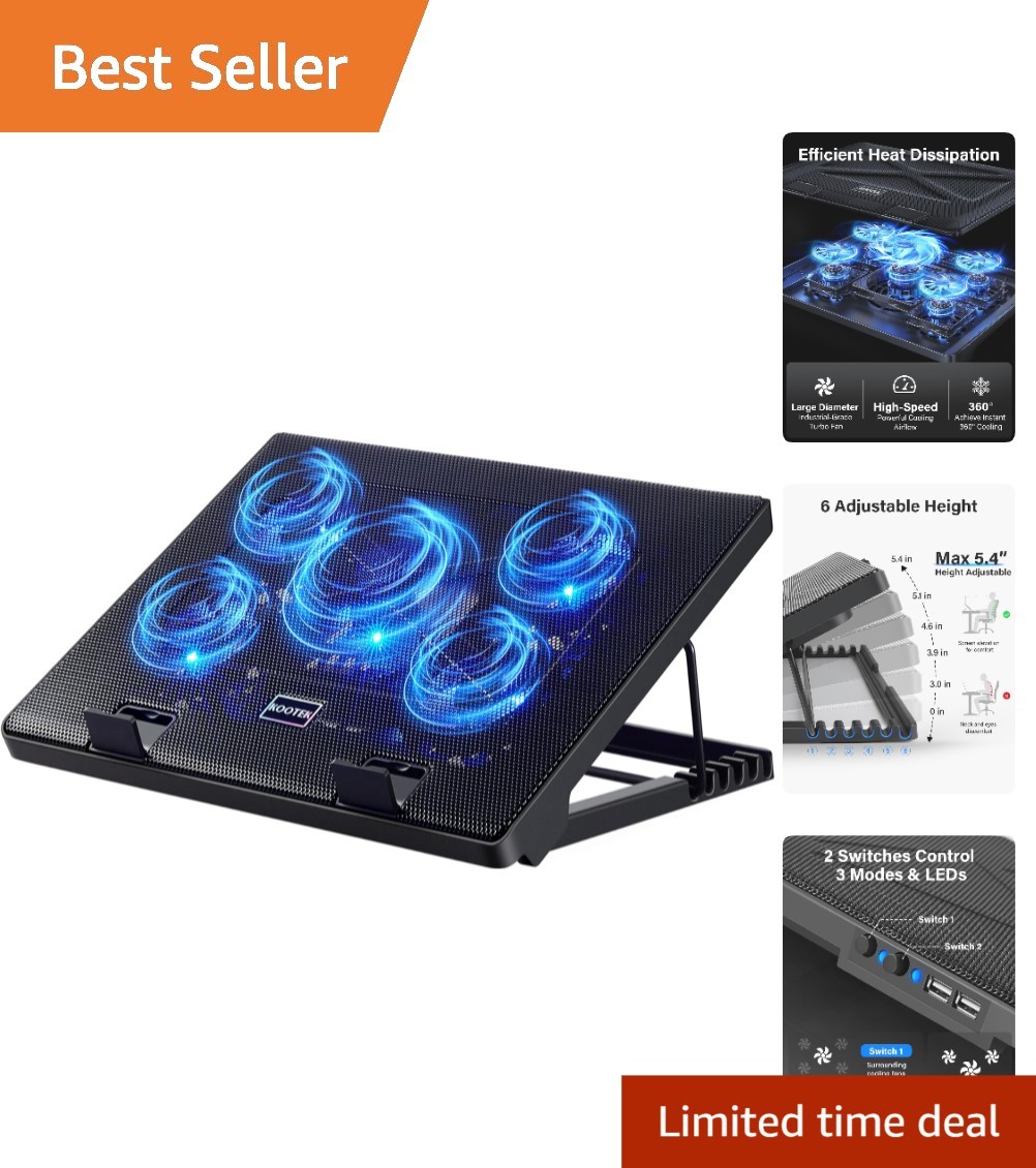 5-Fan Laptop Cooler with Adjustable Height for Optimal Gaming Performance - Blue
