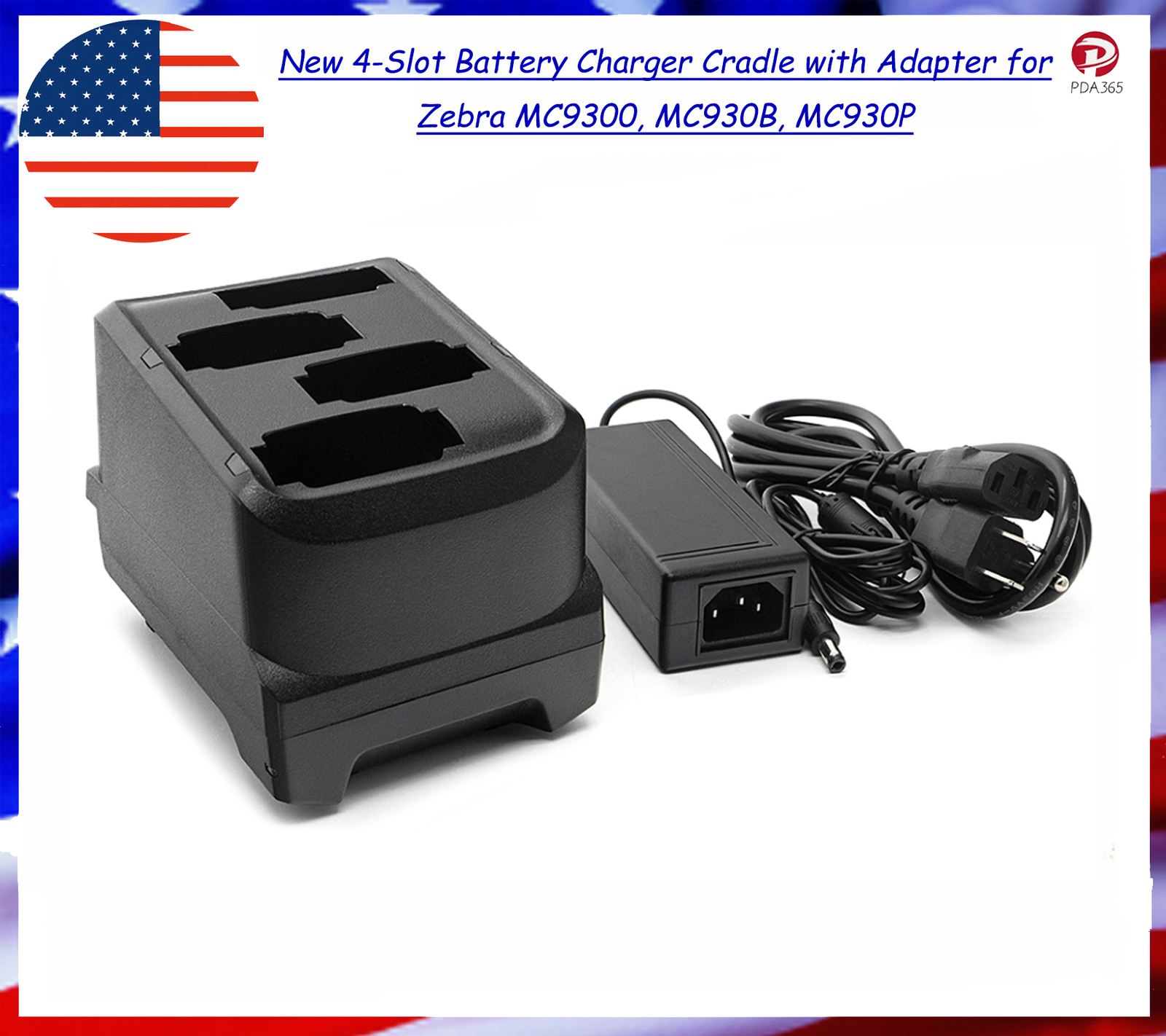 New 4-Slot Battery Charger Cradle with Adapter for Zebra MC9300, MC930B, MC930P