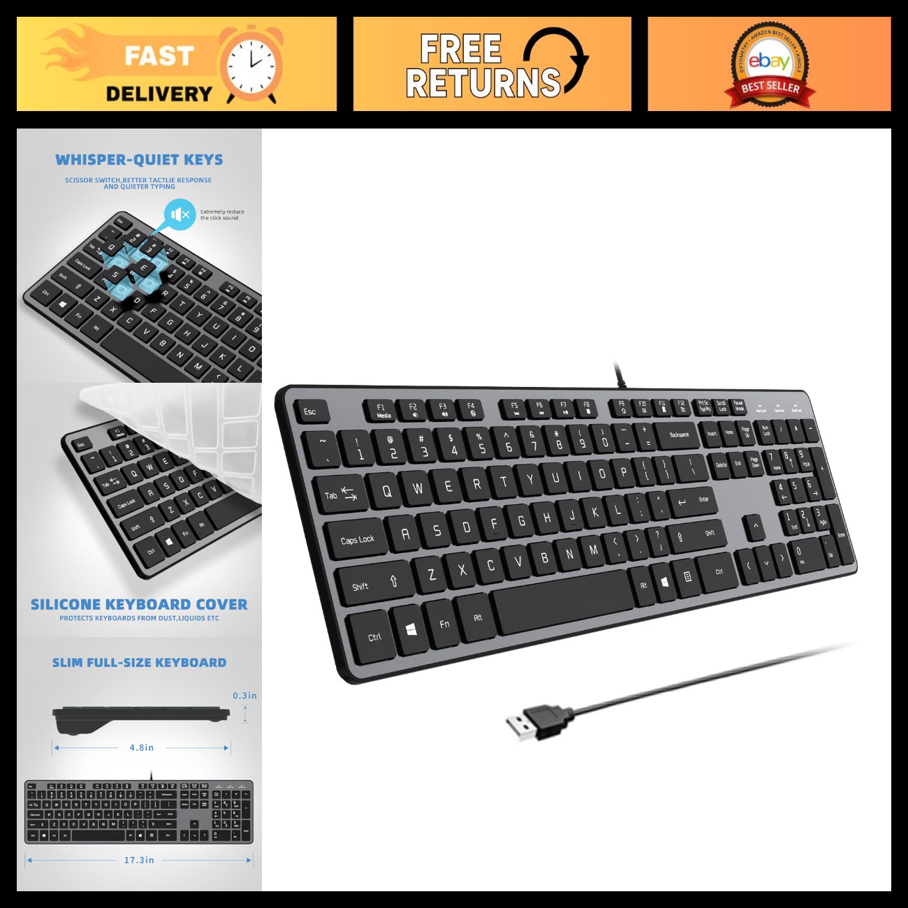Ultra-Slim USB Wired Keyboard, Quiet Chocolate Keys, Compatible with Windows 11/