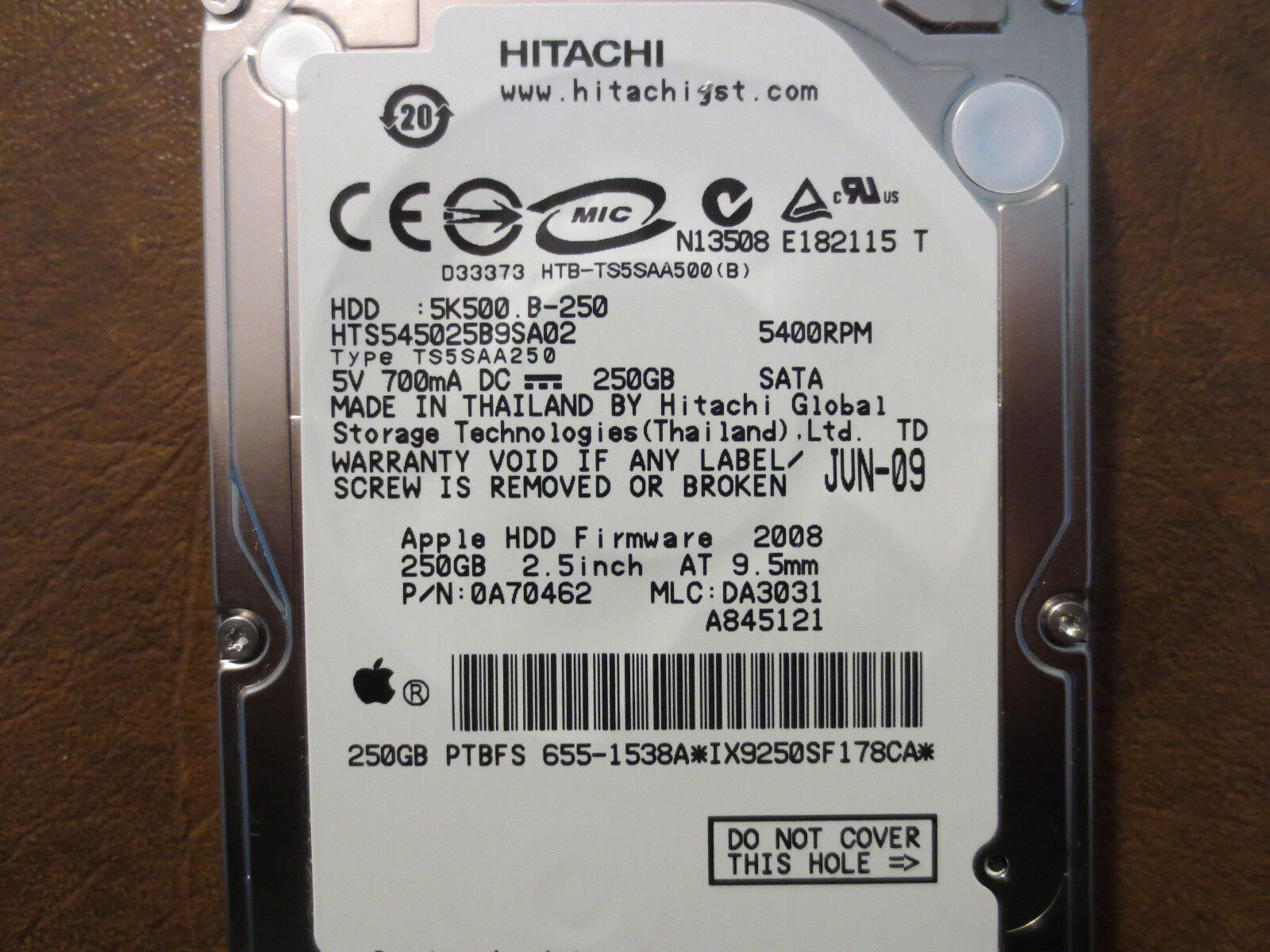Hitachi HTS545025B9SA02 PN:0A70462 MLC:DA3031 Apple#655-1538A 250gb Sata HDD