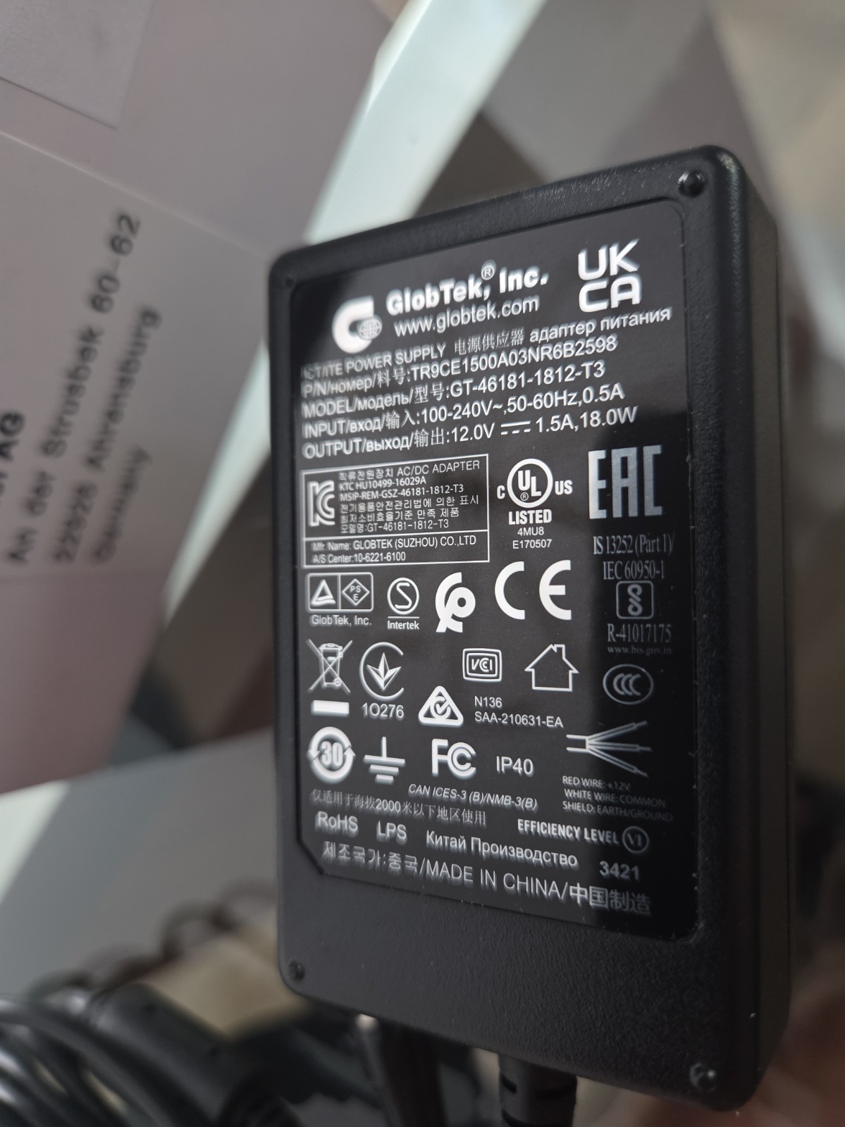 New Globtek Model GT-46181-1812-T3 Power Supply 12v 1.5a 18w