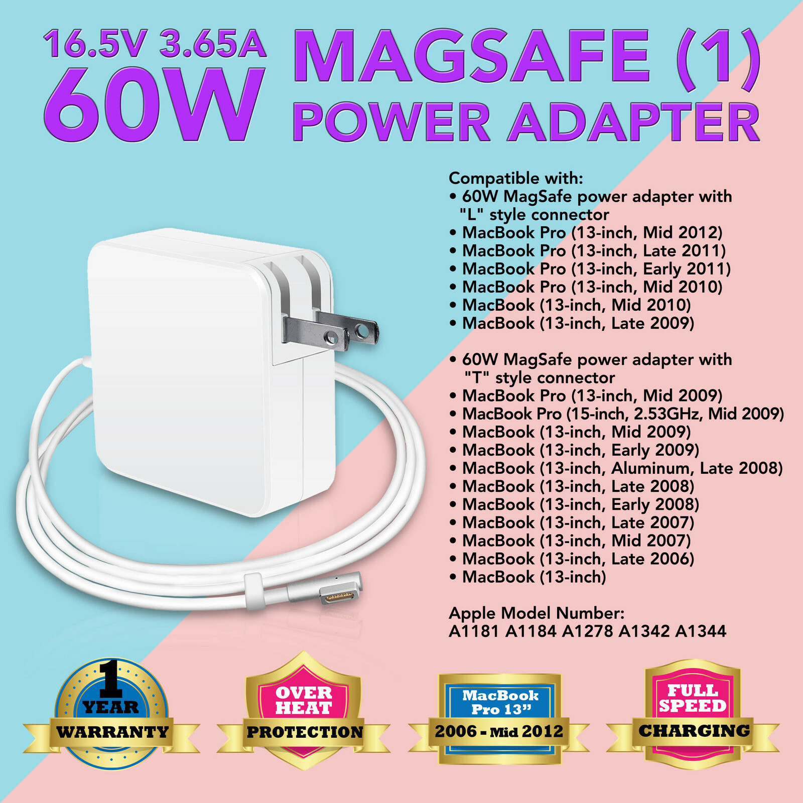 16.5V 3.65A 60W Power Adapter Charger For Apple Macbook Pro 13" A1181 A1185