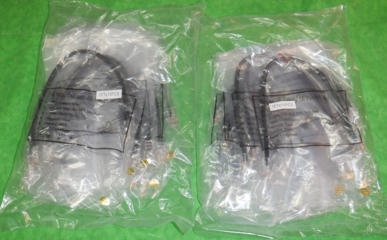 CAT 5E ETHERNET PATCH CABLE BLACK 1 Foot RJ45    NEW     LOT OF 20