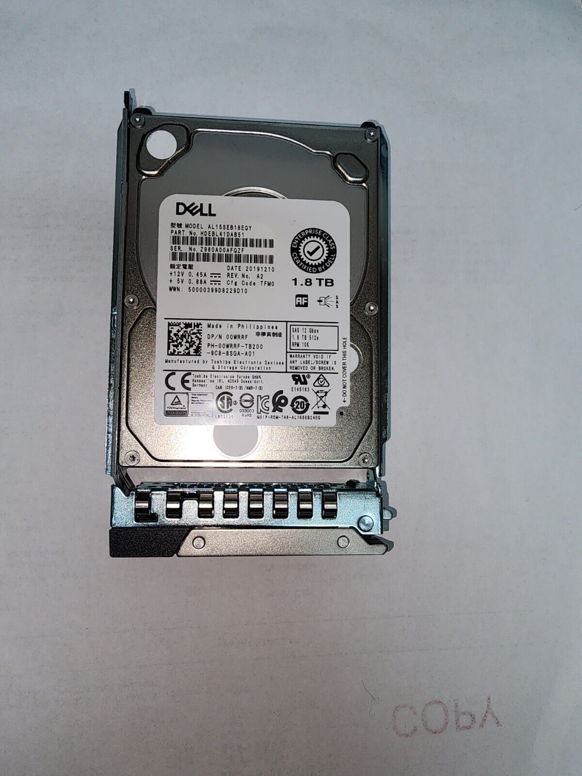 Dell 0WRRF 1.8TB SAS 10K Hard Disk Drive with Tray - AL15SEB18EQY R340 R350 R440
