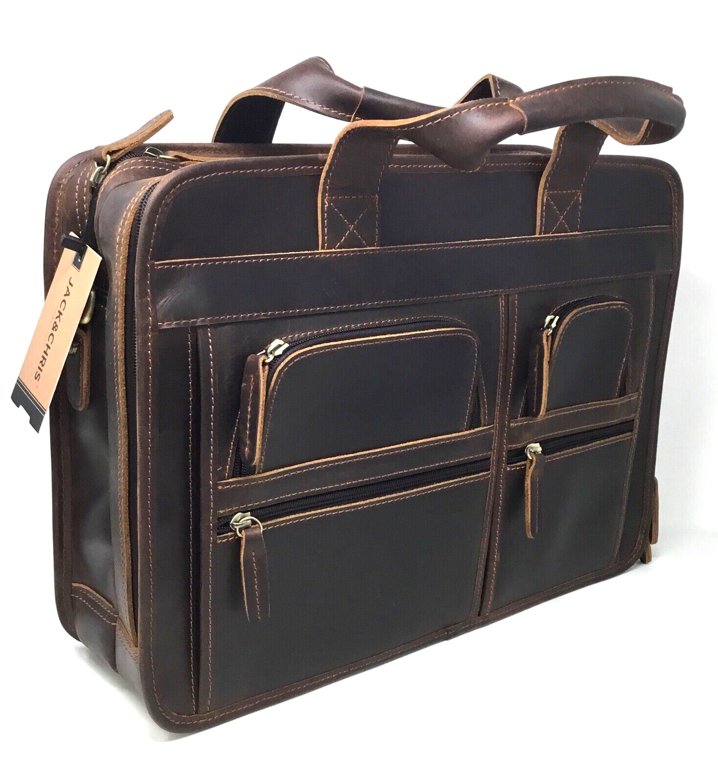Jack & Chris Men's Briefcase Brown Waterproof Leather Men's Laptop Shoulder Bag