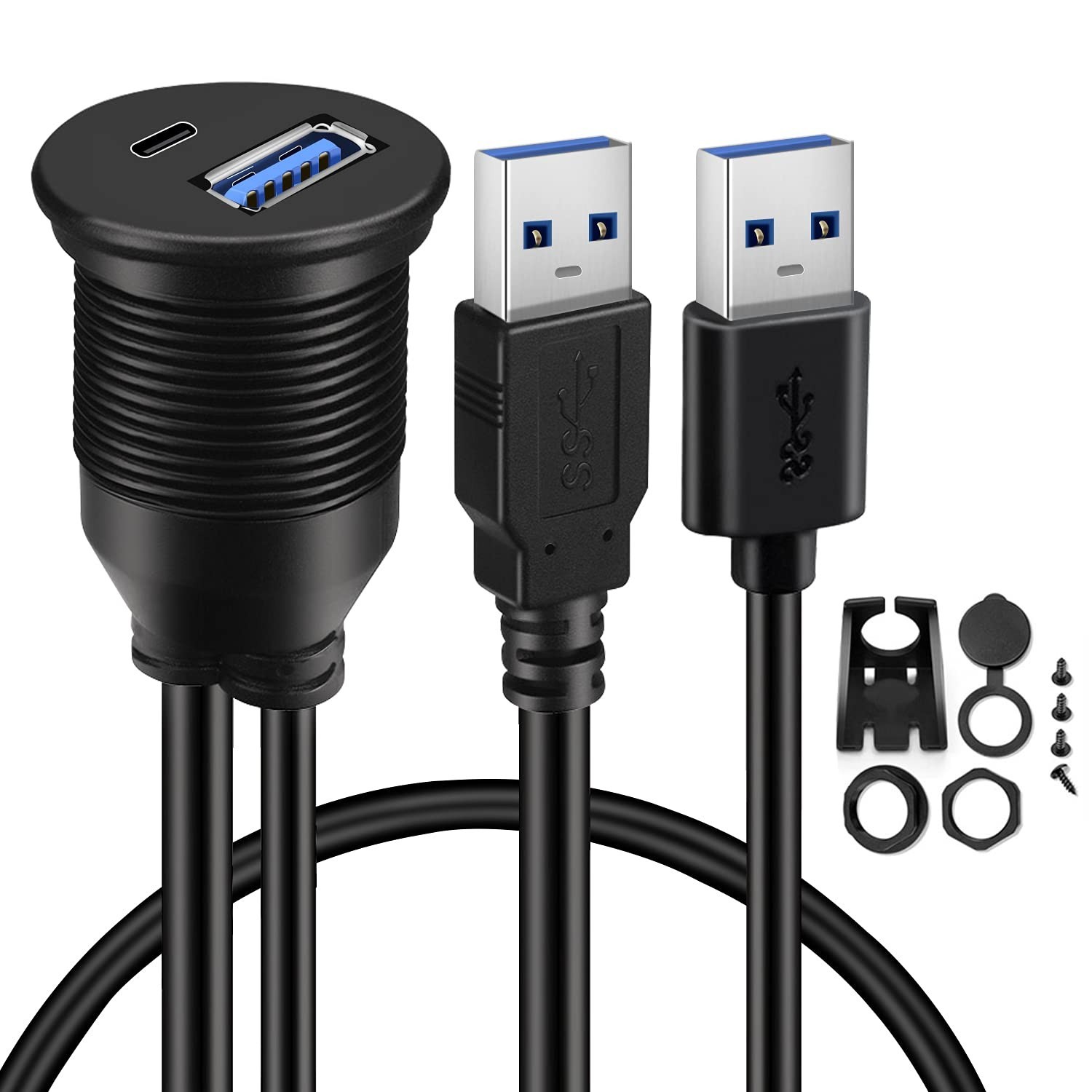 BATIGE USB 3.0 to Type C 3.0 Car Mount Flush Cable Dual Port Male to Female Exte