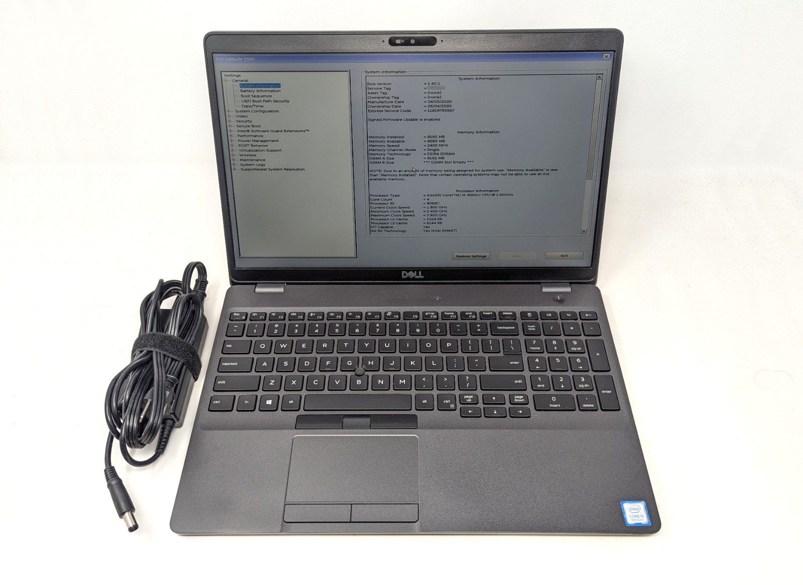 Dell Latitude 5500 - 15.6" Intel Core i5-8265U 3.9 GHz 8GB DDR4 RAM No OS/SSD
